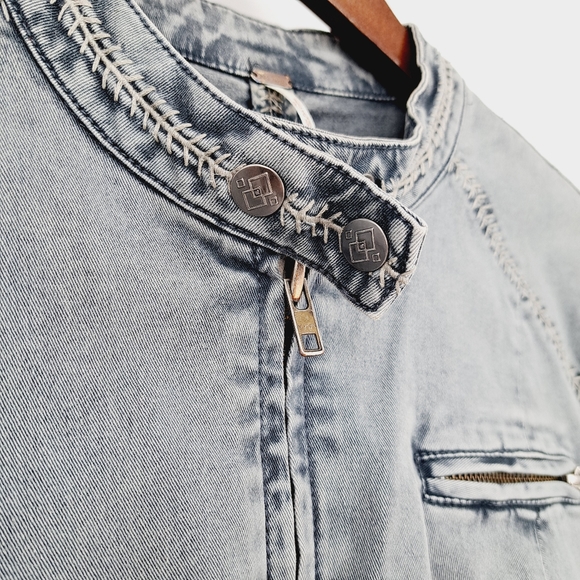Free People Washed Gray Fitted Moto Racing Denim Jacket - Picture 6 of 9